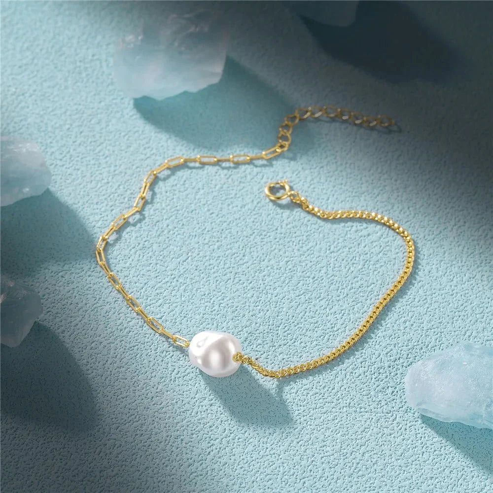 S925 Pearl Dainty Paperclip and Cuban Chain Bracelet - Veinci