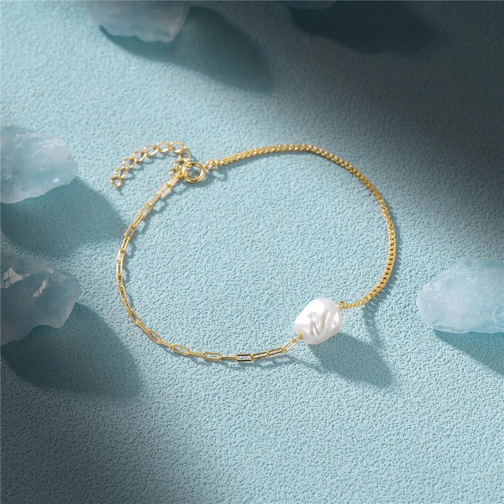S925 Pearl Dainty Paperclip and Cuban Chain Bracelet - Veinci