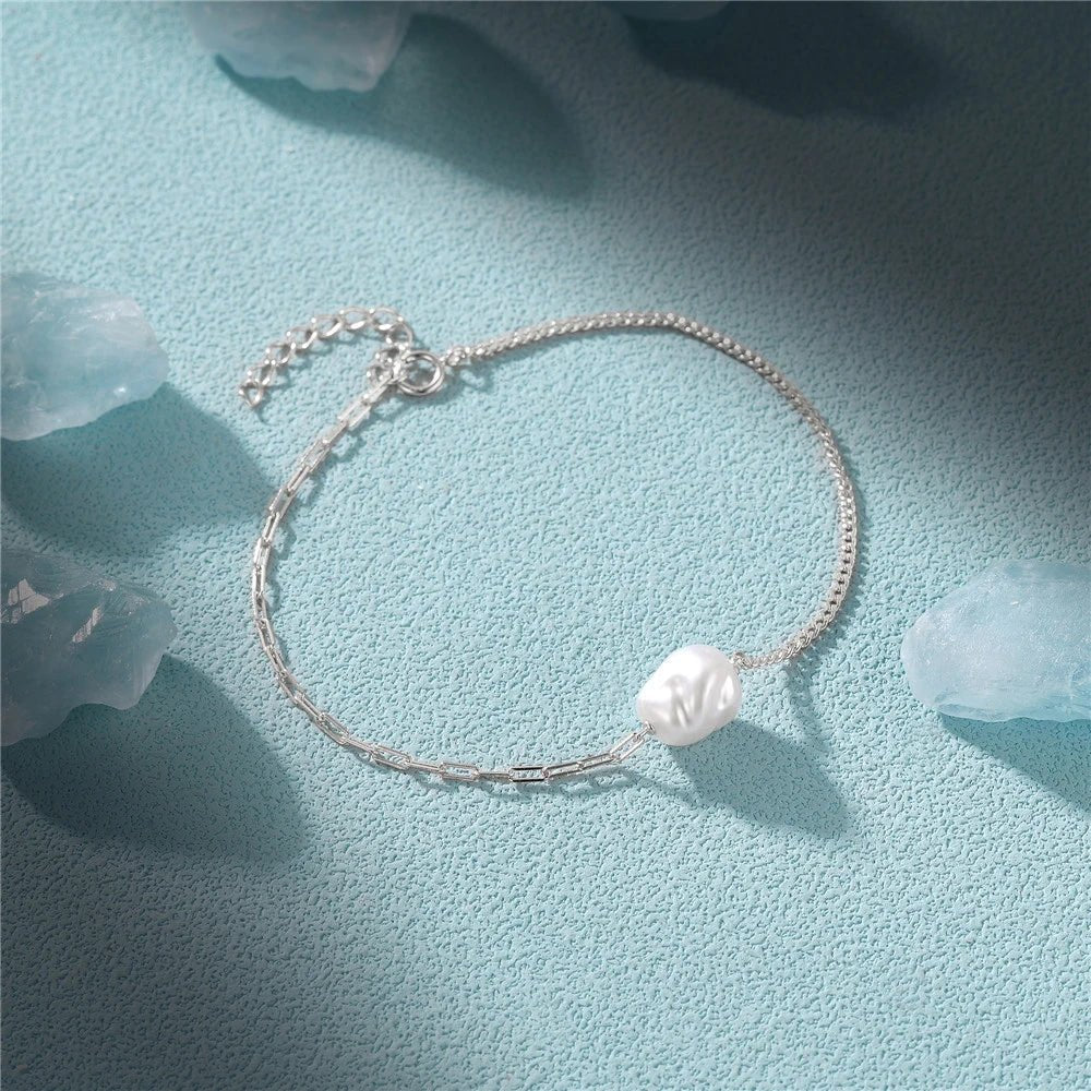 S925 Pearl Dainty Paperclip and Cuban Chain Bracelet - Veinci