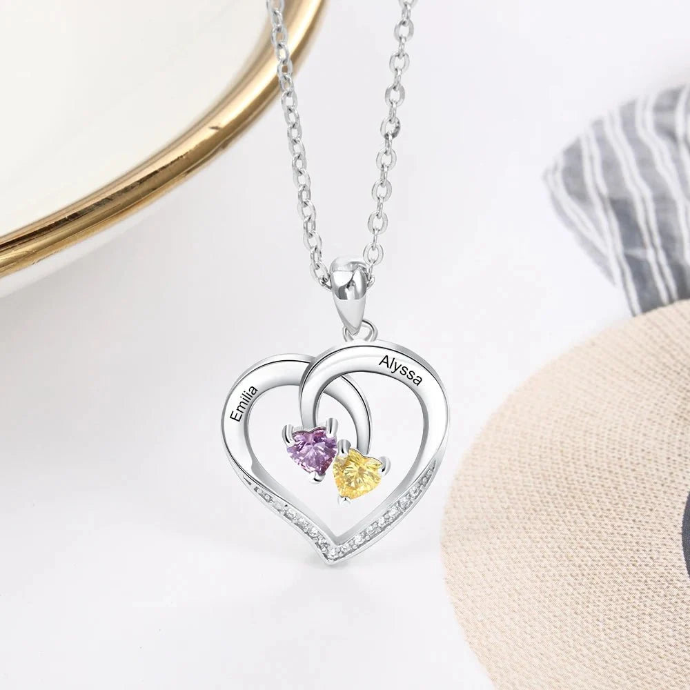 S925 Personalized Two Name & Birthstone Heart Pendant Necklace - Veinci