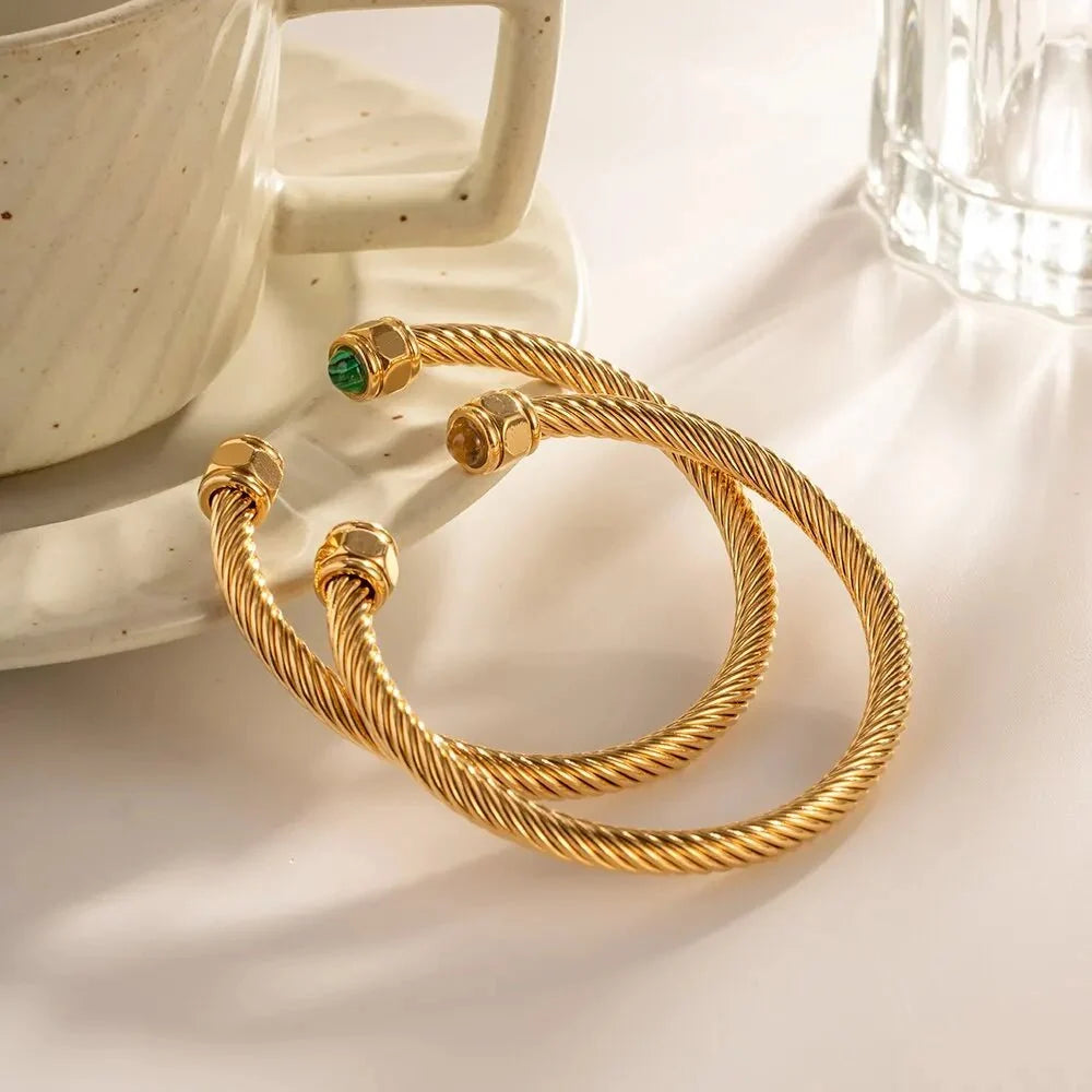 Twisted Gem Stone Ends Bangle Bracelet - Veinci