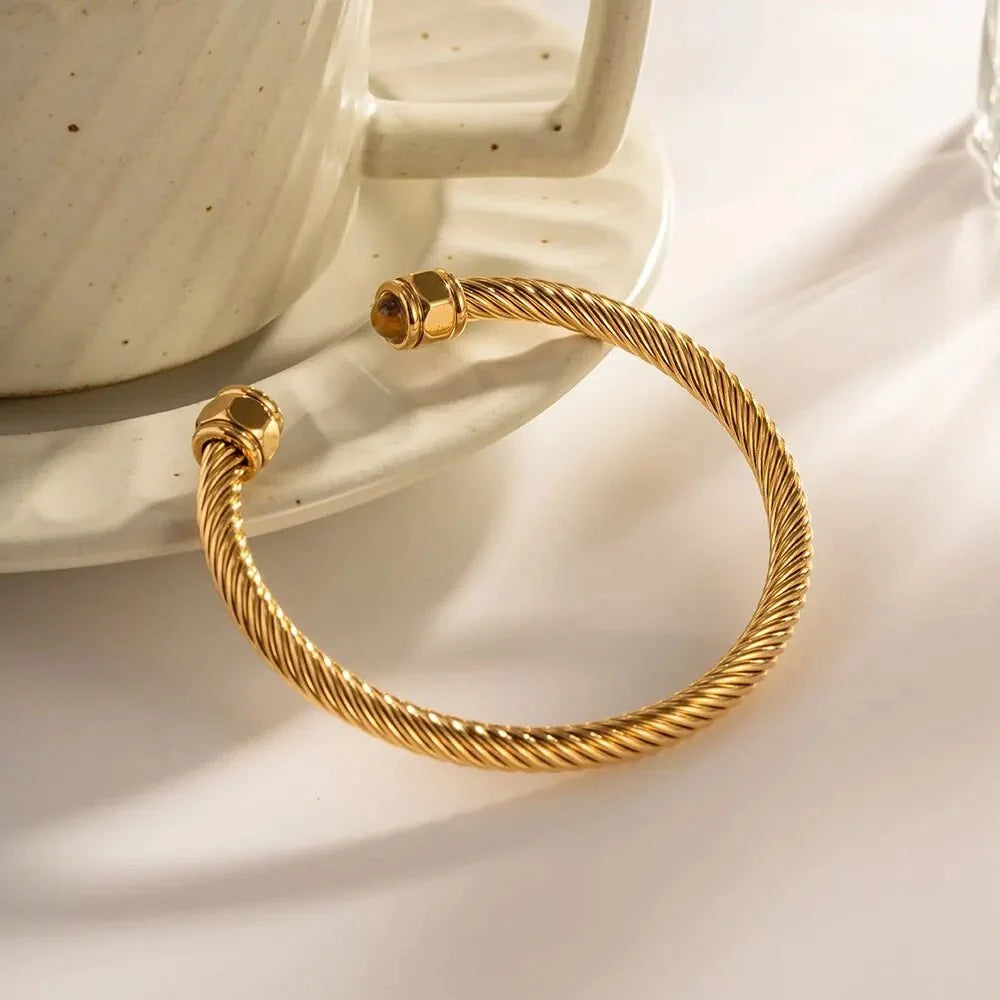 Twisted Gem Stone Ends Bangle Bracelet - Veinci