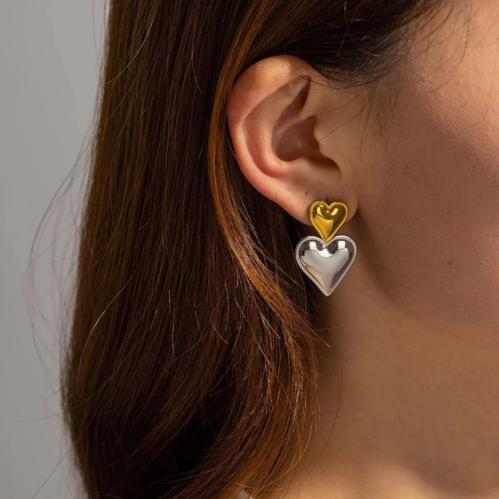 Two Tone Accented Heart Earrings - Veinci